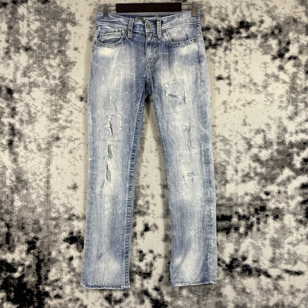 BKE Aiden Jeans Mens Size 27L Distressed Buckle Fade Cowboy Rockabilly Light Was